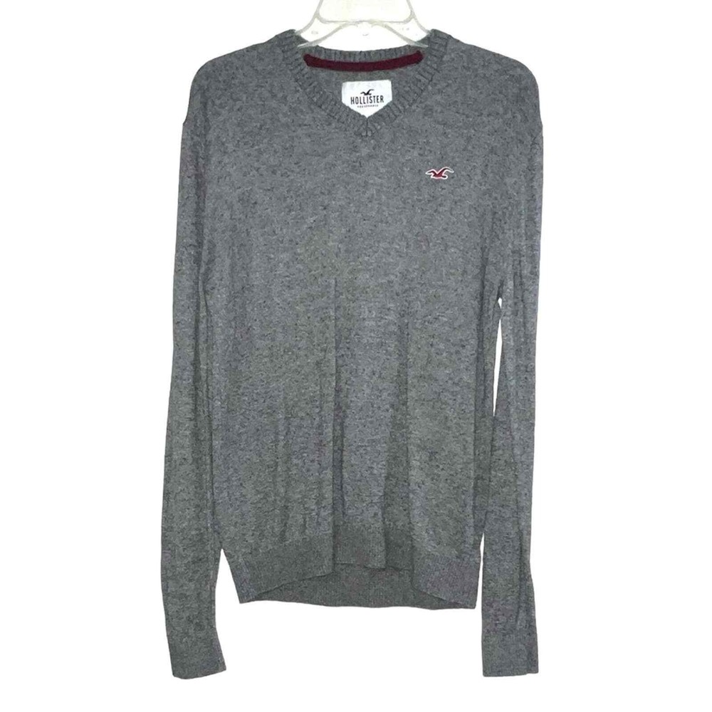 Hollister V-Neck Sweater Mens Medium Grey Heathered Logo Knit Pullover